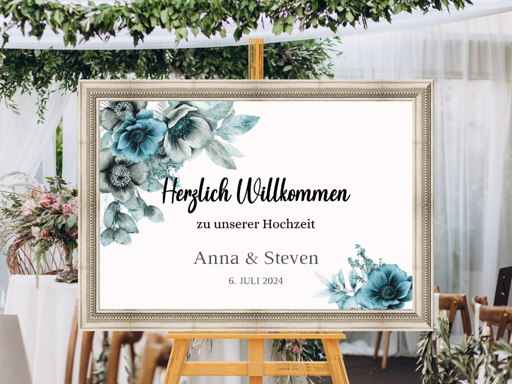 Willkommensschild Hochzeit - Leinwand , Poster - Strand Hochzeit , Marine , Blaue Blumen MILA