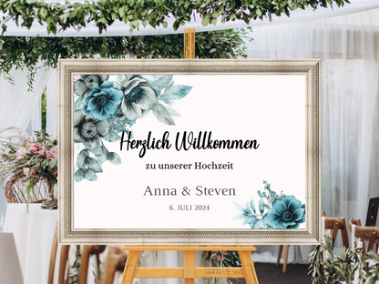 Willkommensschild Hochzeit - Leinwand , Poster - Strand Hochzeit , Marine , Blaue Blumen MILA