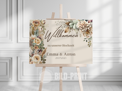 Willkommensschild Hochzeit - Leinwand , Poster - Boho , Beige , Blumen JULIA