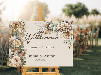 Willkommensschild Hochzeit - Leinwand , Poster - Boho , Beige , Blumen JULIA