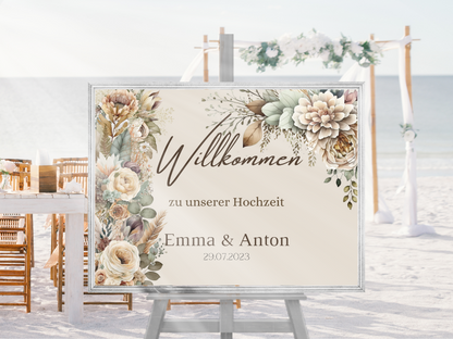 Willkommensschild Hochzeit - Leinwand , Poster - Boho , Beige , Blumen JULIA