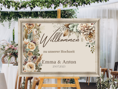 Willkommensschild Hochzeit - Leinwand , Poster - Boho , Beige , Blumen JULIA