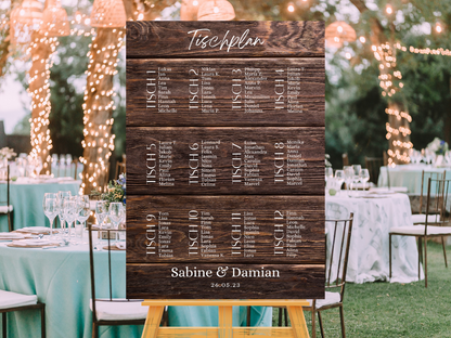 Personalisierter Hochzeits Sitzplan - Leinwand , Poster - Boho , Holzeffekt , Vintage LEONIE