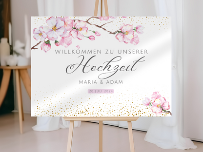 Willkommensschild Hochzeit - Leinwand , Poster - Kirschblüten , Rosa , Vintage LEA