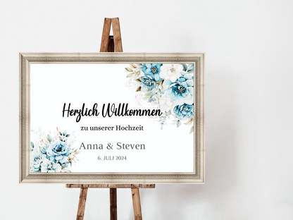 Willkommensschild Hochzeit - Leinwand , Poster - Strand Hochzeit , Marine , Blaue Blumen ALICE