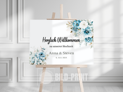 Willkommensschild Hochzeit - Leinwand , Poster - Strand Hochzeit , Marine , Blaue Blumen ALICE