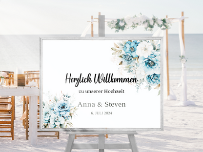 Willkommensschild Hochzeit - Leinwand , Poster - Strand Hochzeit , Marine , Blaue Blumen ALICE