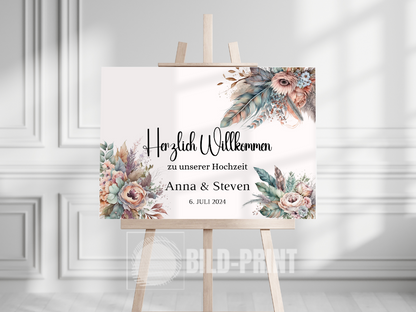 Willkommensschild Hochzeit - Leinwand , Poster - Trockenblumen , Boho Strand Hochzeit DIANA