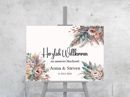 Willkommensschild Hochzeit - Leinwand , Poster - Trockenblumen , Boho Strand Hochzeit DIANA